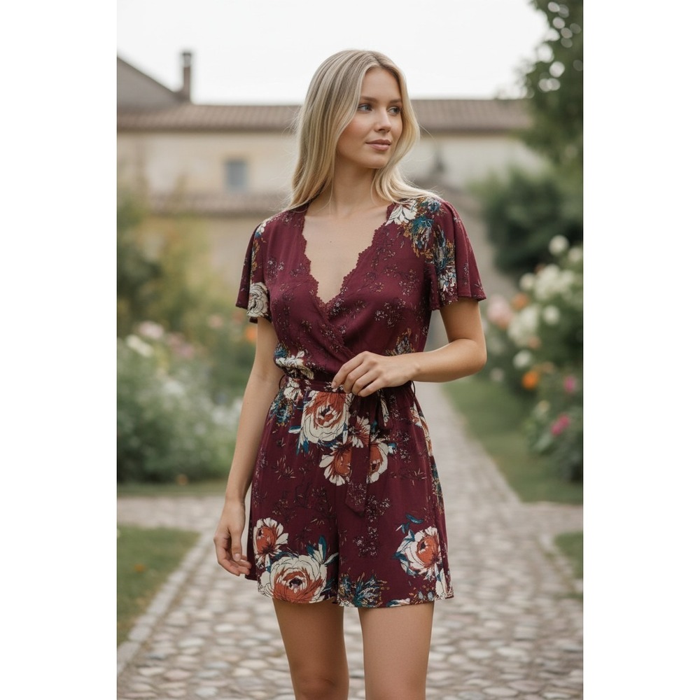 Band of Gypsies Floral Lace Trim Wrap Dress Burgundy XS New